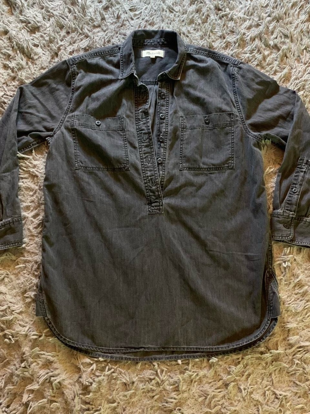 Madewell grey dark wash popover rounded hem lightweight denim top sz S